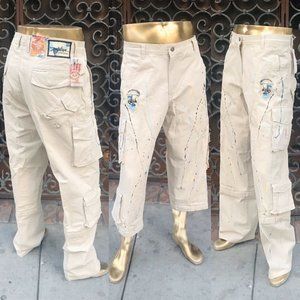 Men's Ecru Hand-Painted Fashion Designer Casual Capri & Pants